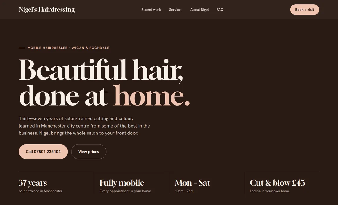 Nigel's Hairdressing homepage: 'Beautiful hair, done at home.'